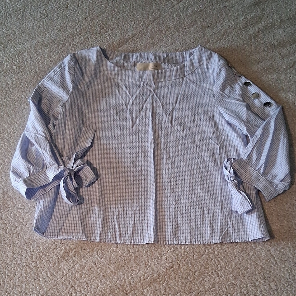 J.O.A. Light Blue Checkered Blouse with Sleeve Bows